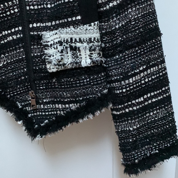 Mcginn Black White Tweed Boucle Metallic Moto Crop Fray Raw Edge Blazer Jacket - Picture 2 of 16
